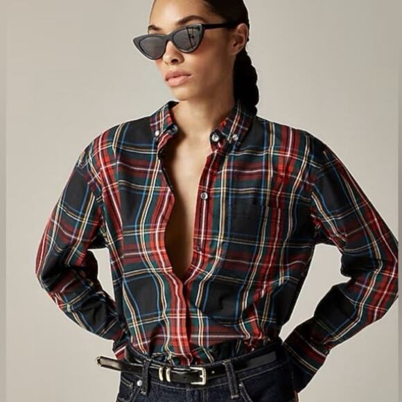 J. Crew Women's Slim Stretch Perfect Shirt in Black Stewart Tartan Plaid Size 2 - Picture 1 of 13
